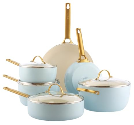 GreenPan Reserve Harteloxiertes Gesundes Keramische Antihaft-Kochgeschirr Set,10 Teile,Inklusive Bratpfannen Sautierpfanne und Kochtopf,Goldgriff,PFAS-frei,Induktion,Backofenfest,Light Blue