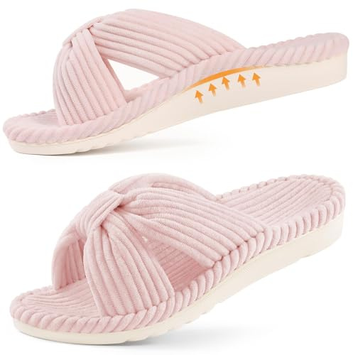 Litfun Pantuflas ortopédicas para mujer con soporte de arco para fascitis | Puntera abierta, cómoda espuma viscoelástica, pana suave, lazo cruzado, suela antideslizante, interior, ligera