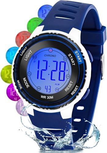 Edillas Reloj Niño Digital Infantil,Reloj Deportivo con LED 7 Colores,Impermeable 30M,Alarma,Cronómetro,Fecha,Regalo para Niños 4-15 Años