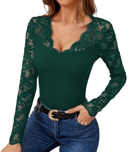 LOKLNEYK Haut Dentelle Femme Blouse Femme Grande Taille Adulte Festive Haut Perfecto Body Soiree Top Transparent Oversize Mariage Tenue Dentelle Carnaval Costume 2#Vert foncé L