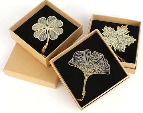 3PCS Segnalibro in Metallo Segnalibro Decorazione Nappa Segnalibri Foglia di Metallo Segnalibr in Metalli Dorato Segnalibr 3D in Metalli Nappa con Quattrifoglio, Acero e Ginkgo Biloba