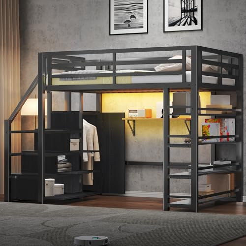 Moimhear Cama alta de metal de 140 x 200 cm, con escalera, armario, compartimentos de almacenamiento, iluminación LED, color negro