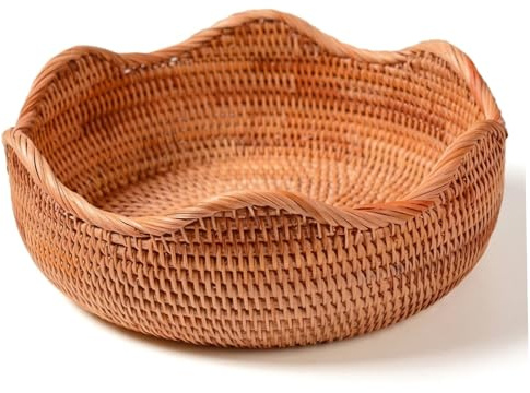 Vassoio Rotondo in Vimini, Cestino in Rattan Intrecciato a Mano, Cestino per il Pane Decorativo Vimini Naturale per Servire con Texture Unica, per Cucina, Decorazioni per tavolini da caffè (S)