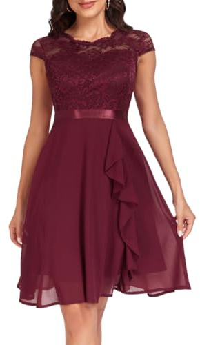 shownicer Abito Cocktail Donna Elegante Abito Cerimonia Maniche Corte Vestito in Chiffon Vita Alta Vestiti in Pizzo A Rosso M