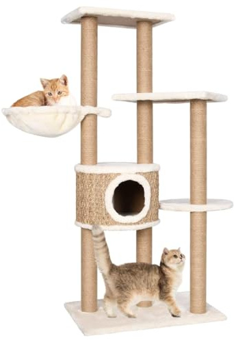 Albero per gatti 126 cm con tiragraffi in erba marina, posatoi, cestino e casa per arrampicarsi, grattare e rilassarsi