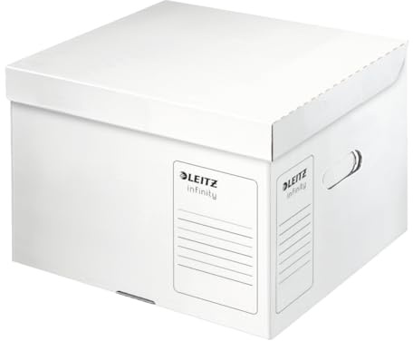 Leitz Contenedor de archivo Infinity, tamaño M, caja para caja de archivo A4 de 3 x 100 mm/2 x 150 mm, caja de transporte con tapa en la parte superior, embalaje de cartón plegable, cartón ondulado 100% libre de ácidos, blanco, 1 pieza, 61030000