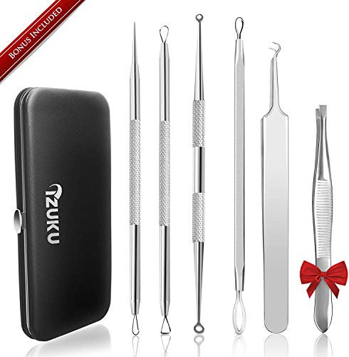 Mitesserentferner Pickel Ausdrücken Werkzeug Bonus Inkl. IZUKU Blackhead Remover aus Edelstahl 6 Stk. Comedone Extractor Akne Mitesser Pickel Entferner Komedonenquetscher Set für Alle Hauttypen