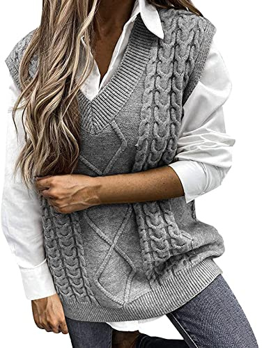Uposao Chaleco de punto para mujer, sin mangas, con escote en V, suéter oversized, suéter de punto casual, camiseta tándem de un solo color, suéter de ocio, chaleco de punto de mangas largas, para