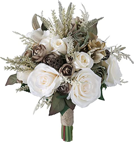 MOJUN Wedding Bouquet for Bride, Artificial Hand Made Rose Flower for Bridal Bridesmaids Romantic Wedding Bouquet for Wedding Valentine's Day Party Home Tables Decorations, Creamy