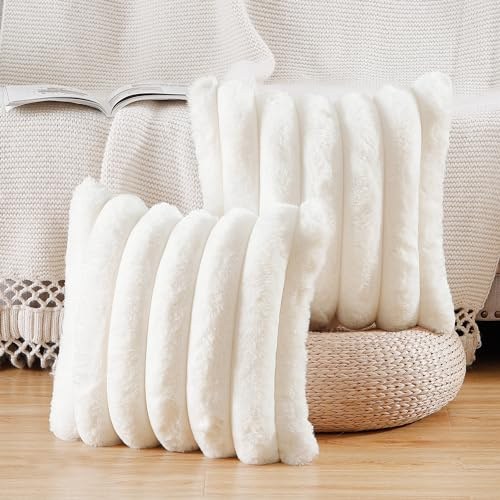 Madizz Plush Faux Fur Throw Pillow Covers 16x16 inch, 40x40 cm Cream White Set of 2 Fluffy Striped Soft Decorative Cushion Cover for Sofa Bedroom Pillow Shell