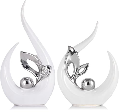 XMGZQ Blanco y Plata Estatua de Cerámica Juego de 2,Modernos Escultura de Arte Abstracta,Objetos Decoraciones,Centros Decorativos de Mesa Comedor,Figuras Decoracion Hogar Adornos Salon