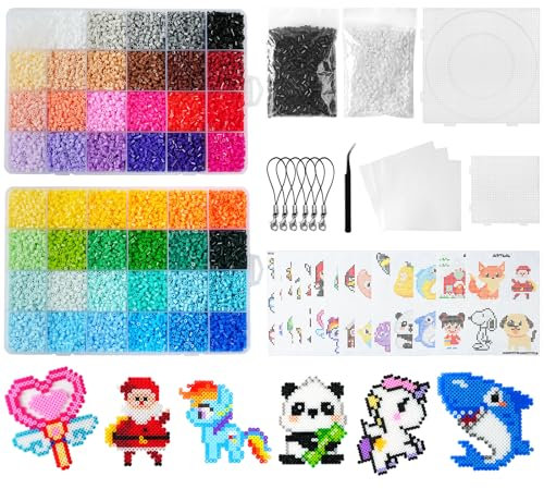 AUAUY Fuse Beads Kit, 26000pcs 2.6mm Iron Beads Set for Kids, 48 Colors DIY Art Craft Toys Iron Beads, Bead Melting Craft Kit with 2 Pegboards, 14 Pattern Cards, Tweezers, Ironing Paper and 6 Keyring