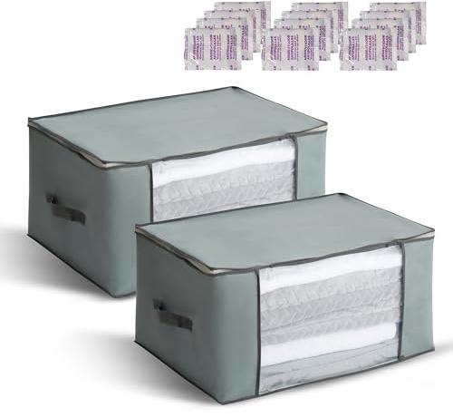 LIXTYC 2 Cajas Almacenaje Ropa 81L (60x45x30cm) – Bolsas Guardar Ropa con Cremallera Doble, Ventana y Asas Reforzadas · Organizador Armario para Mantas y Edredones + Sobres Antipolillas Perfumados