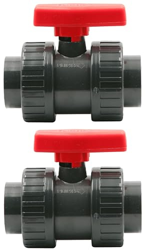 HAF 2X PVC 2 Wege Kugelhahn Roter Griff mit 50mm x 50mm | Klebemuffe x Klebemuffe | Absperrhahn aus grauem PVC-U | PN16 für Poolfitting, Pool, Schwimmbad, Poolverrohrung, Druckleitung, Rohrleitung