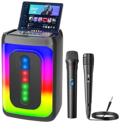 Ankuka Karaoke Machine con 2 micrófonos, Altavoz Bluetooth portátil con Luces LED, TF/USB, FM, AUX, TWS, para Fiestas y Adultos, Regalo para Amigos y Familiares, (Negro)