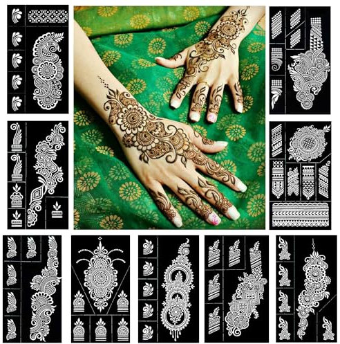 QSTOHENA Kit di stencil per tatuaggi a forma di henné indiano per mani, avambraccio, glitter, aerografo, per tatuaggi fai da te, 9 fogli, riutilizzabile, per donne e ragazze (21 x 12 cm)