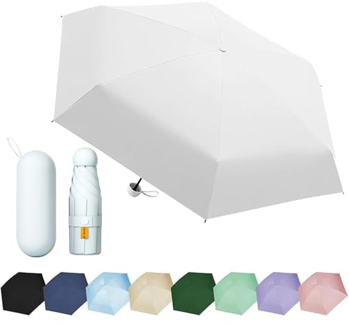EEPLUYTY Mini Parapluie Six Os, Manuel Compact Résistant Au Vent, Pliant, Ensoleillé, Protection UV, Pratique Et Portable (Avec Coque)-Blanc Clair