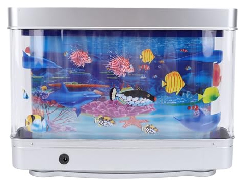 Fake Fish Tank Mini Aquarium with Moving Fish, Artificial Tropical Decorative, Night Light, Mini Fish Tank with Pretend Seabed World Lamp Lighting, Virtual Aquarium