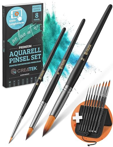 CreaTek Premium Aquarellpinsel Set - 8 hochwertige Künstlerpinsel inkl. Aufsteller für makellose Kunstwerke - Aquarell Pinsel Set aus feinstem synthetischen Rotmarder Haar - Watercolor Brush