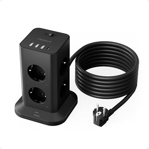 TESSAN Regletas Enchufes Proteccion Sobretension 8 Tomas con 3 USB A y 1 USB C, Torre Enchufes Vertical con Interruptor, 5 Metros Extension Cord, Alargador Enchufe 3600W para Oficina, Casa, Negra