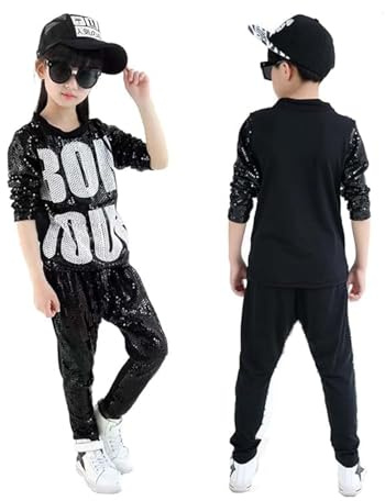 LOLANTA Traje de Retro Hip Hop con Lentejuelas para Niños Disfraz de Danza Callejera Infantil Trajes de Danza Moderna Jazz Disco Brillante Conjunto Top Pantalones, Negro, 5-6 años, 120