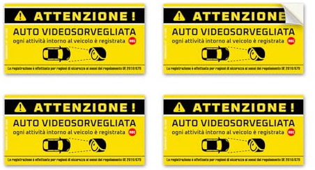 Adesivi per auto Videosorvegliata, avviso videosorveglianza specifico per veicoli, in italiano, mis. 12×6 cm - 4 pz.