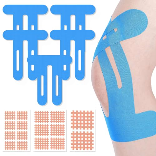KEWUF Lot de 8 strap sport, tape, tape kinesiologie, bandes de kinésiologie prédécoupées pour genoux, bleues, sans shere, imperméables et élastiques pour douleurs au genou
