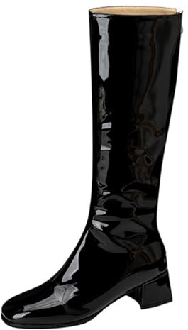 Bottes Longues Femme en Cuir Verni Bout Carré Talon Moyen Bloc Bottes Hautes pour Streetwear Automne Hiver & Sortie Décontractée Matériau Brillant,Noir,36 EU