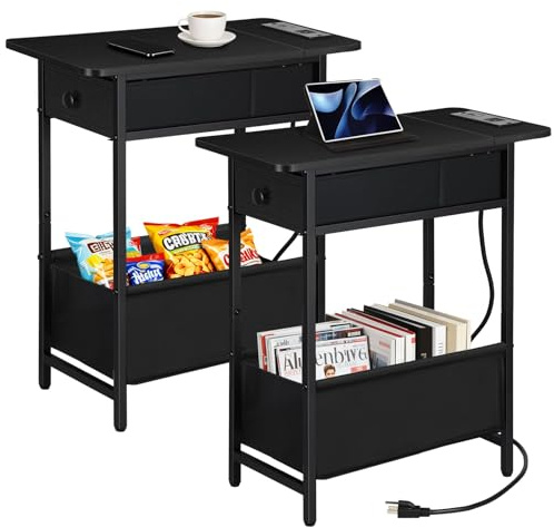 NovaNoka Long Narrow Side Tables Set of 2 with Charging Station, Slim Nightstand with Drawer and Fabric Basket, Skinny End Table for Living Room, Bedroom, Small Spaces, Black