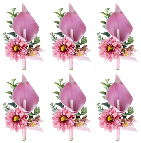 Comebachome Real Touch Calla Lilies, 6 st bröllop knapphålsblommor | Verklighetstrogen Calla liljedesign, perfekt för brudgum och marskalkar, perfekt för bröllop, konstgjorda blommor