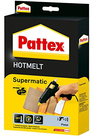 Pattex Pistolet à colle Hotmelt Supermatic, pistolet à colle professionnel avec contrôle électronique de la température, kit avec pistolet à colle et 2 bâtons de colle