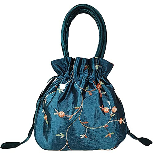 SINSEN Piccolo sacchetto regalo con coulisse, borsa regalo per regalo, borsa in raso ricamata, borsetta, gioielli etnici in broccato, per Capodanno, compleanno, matrimonio, Blu03., 7.4*7.4*2 inches