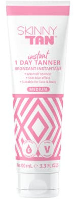 Skinny Tan Instant 1 Day Tanner Face & Body - Wash off Bronzer Natural Glow, Splash-Resistant, Easy Wash-Off Bronzing Lotion 100ml