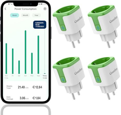 Prise Connectée Alexa, GreenSun Prise Connectée Prise Programmable Connectées et Intelligentes Consommation Electrique Compatible avec Alexa Prise Connectée Electrique Avec Mesure Consommation 4PC