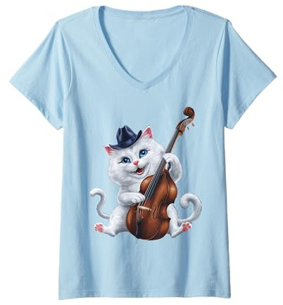 Femme Chat mignon jouant du violoncelle Amoureux de la musique T-Shirt avec Col en V