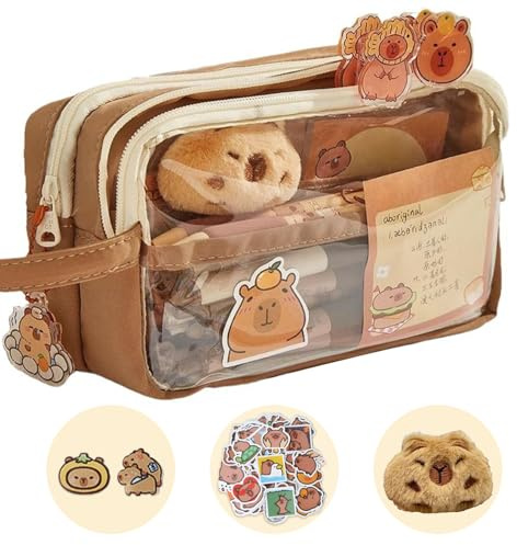 Trousse à crayons Capybara, grande capacité, multicouche, avec fermeture éclair et autocollants, pour enfants, étudiants, filles, garçons, Couleur café., Joli et moderne