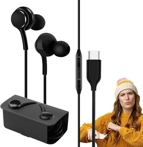 Auriculares con cable USB C, auriculares intrauditivos con micrófono | Sonido estéreo de alta fidelidad, cancelación de ruido, auriculares impermeables para llamadas manuales