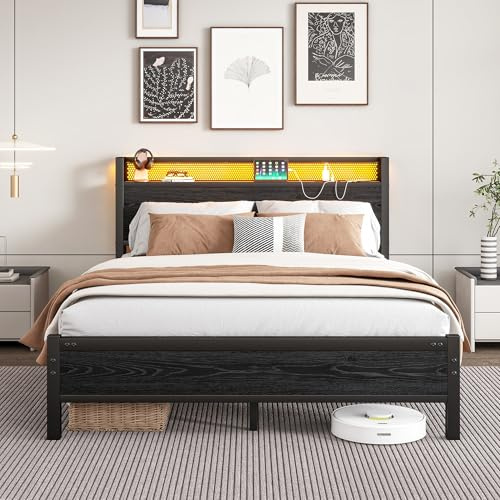 MOFLUT Double Bed Frame with Wooden Storage Headboard Shelf, 4ft6 Wooden Bed Frame Double Bed with Charging Station/USB Ports and LED Lights, Black