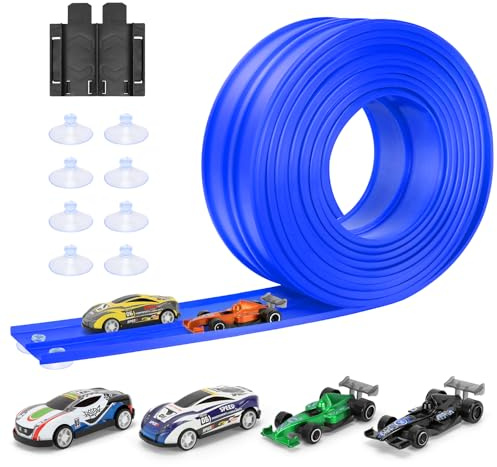 KETIEE Flex Tracks 16Ft for Kids: Flexible Race Car Ramp Track with 4 Small Racecars and 8 Suction Cups Compatible with Diecast 1/64th Cars, Rolls Up Portable Racetrack for Ages 3 & Up