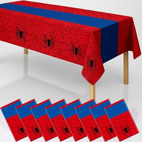 byojia 8Pcs 2in1 Spider Birthday Party Decorations Tablecloth, 54 x 108 Super Hero Table Cloth Disposable Rectangle Plastic Table Cover for Kids Baby Shower Wedding Party Supplies Halloween