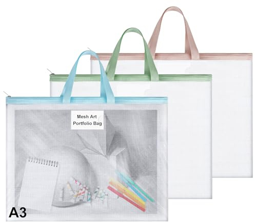 BEIMEIII 3 Pack A3 EVA Mesh Art Portfolio Bag Waterproof Art Portfolio Case Transparent Painting Folder with Card Holder Colorful Artist Storage Bag for Drawings Documents