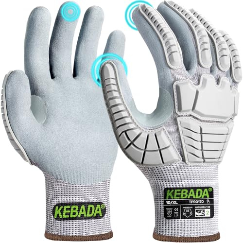 Kebada Impact Protection Gloves, ANSI A2 Cut Resistant Work Gloves with Grip, Touchscreen, Sandy Nitrile Coated,Grey, Large