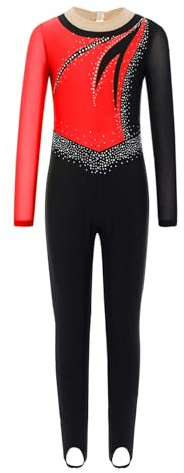 Sinleey Mädchen Gymnastikanzug Sportgymnastik Body Ballett Tanz Langärmelig Strass Outfit Eiskunstlauf Show Unitard Rot 170