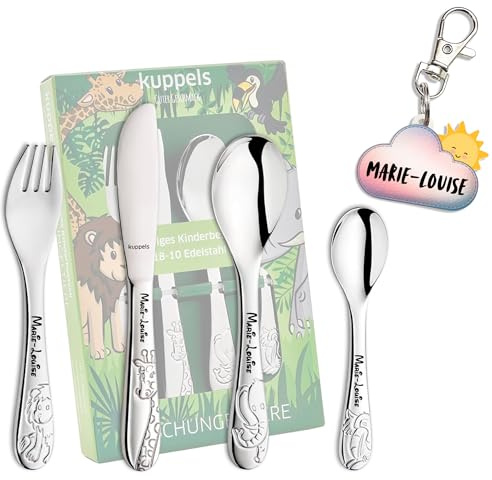 Cubiertos personalizados para niños con grabado - 5 piezas - con nombre - tema selva - con incluido CACHITO GRATIS para mochila - regalo para bautizo, cumpleaños - caja de madera opcional
