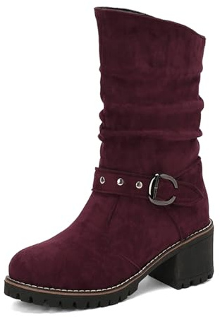 Mo Joc Botas de mujer retro con hebilla de 6,5 cm, tacón en bloque | para calentitos calentitos informales, granate, 40 EU
