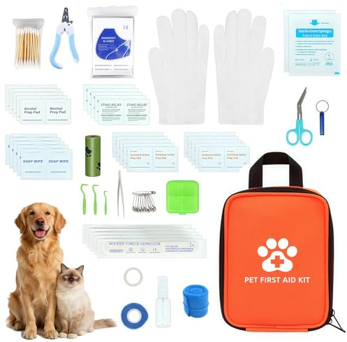 Esoes Kit di primo soccorso per cani e gatti [128 pezzi] kit di primo soccorso per animali di piccola taglia, kit di emergenza per cani e gatti, ideale per animali domestici, a casa durante le