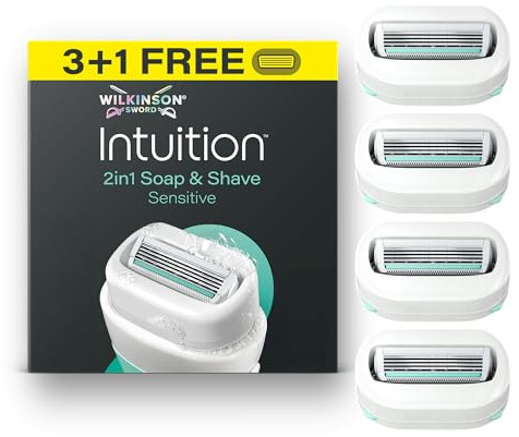 Wilkinson Sword Intuition Soap & Shave Sensitive Women's Razor, 3 Refills | 2in1, 4 Blade Sensitive Skin Razors for Women, Built-In Vegan Soap, Aloe Vera, No Shave Gel Needed, 3 Refills Plus Bonus