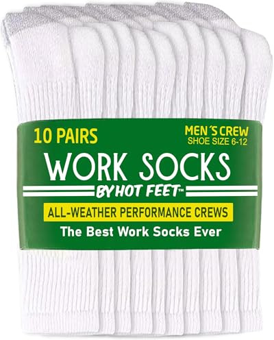 HOT FEET Work Socks for Men, Long All Weather Boot Crew Cotton Socks, Cushioned, Moisture Wicking, 10 Pack, Size 6–12.5, 10 Pack, Size 6-12.5, White