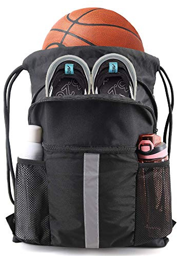 BeeGreen Drawstring Backpack Bag with Shoe Compartment, X-Large Black Gym Sports String Cinch Backpack, Athletic Sackpack with Front Inside Zipper Pockets