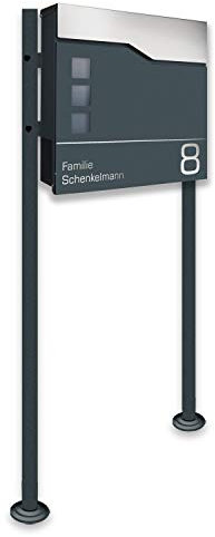Zalafino Briefkasten incl. Standfuß freistehend in anthrazit - individualisierbarer Design-Briefkasten aus pulverbeschichtetem Stahl mit Zeitungsrolle, Sichtfeldern und Standfuß